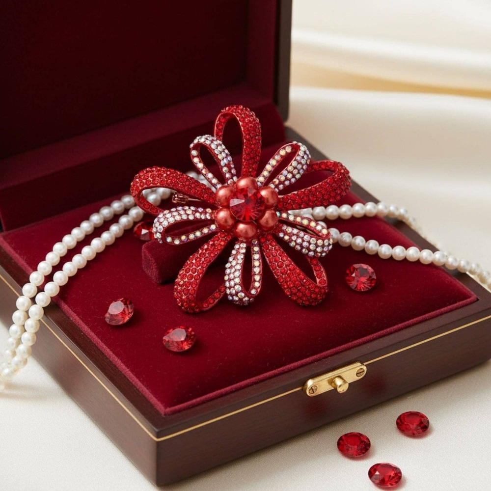 Brooch Large Red Rhinestone Loop Pearl Pin - Picture 6 of 7
